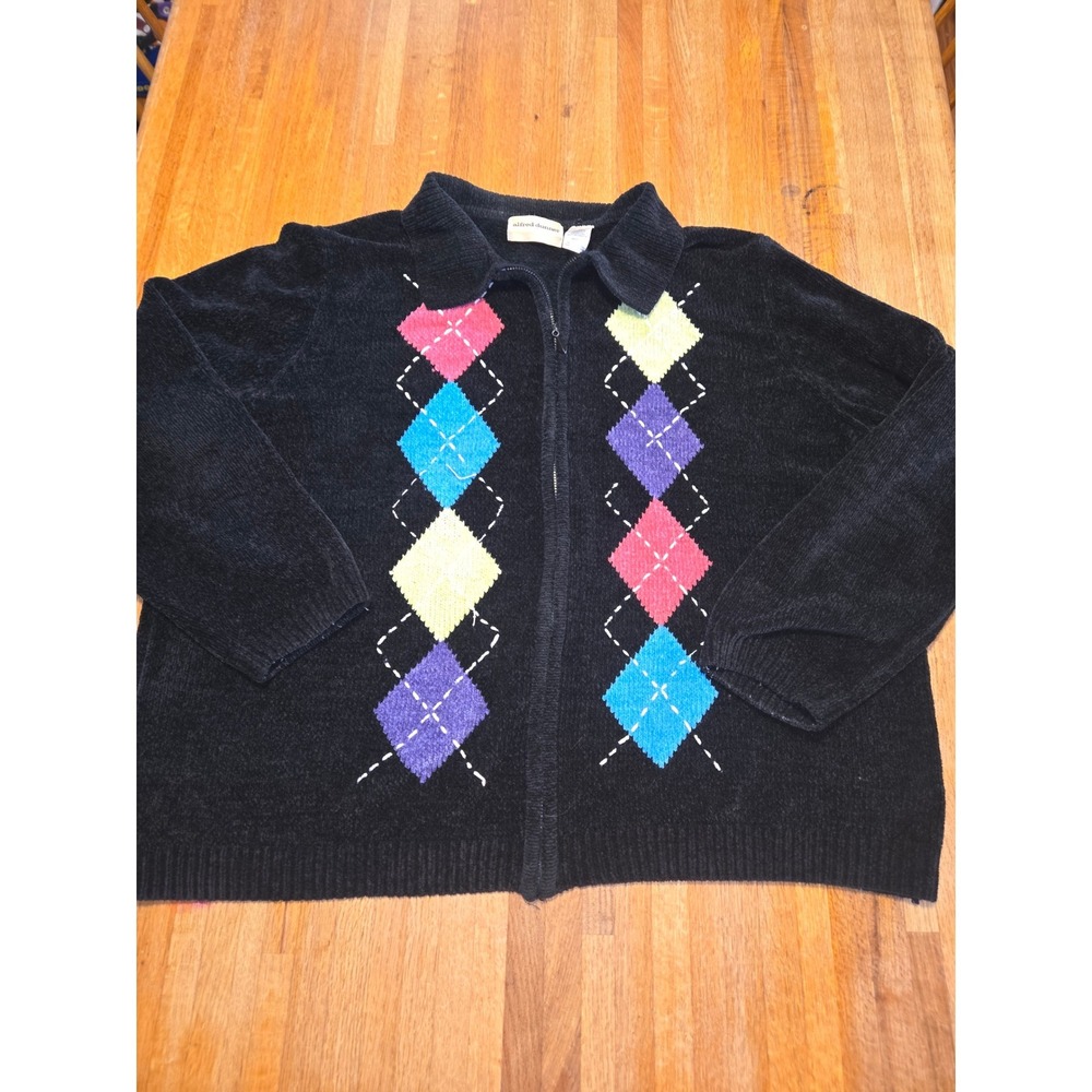 Vintage Alfred Dunner Women 3X Argyle Diamond Full‎ ZIp Knitted Collar Sweater